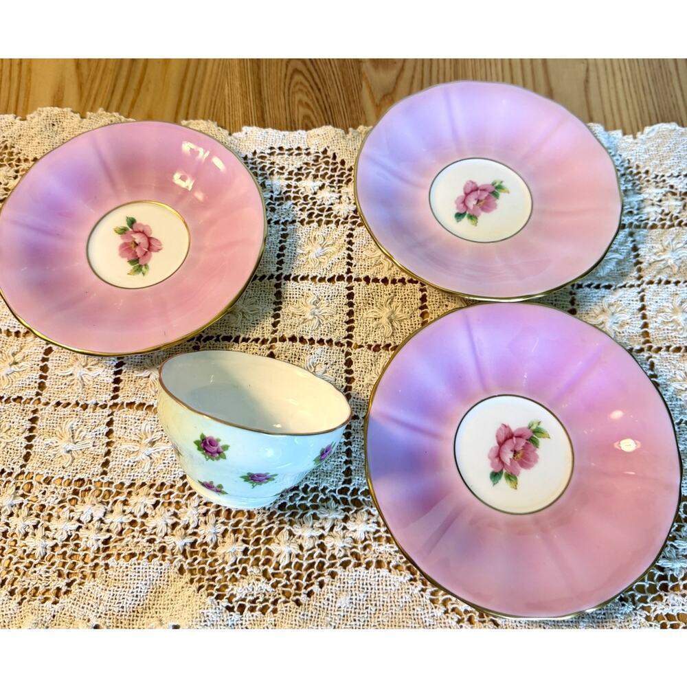 Antique Adderley Bone China Tea Cup & 3 Saucers Pink Rose England Cottagecore